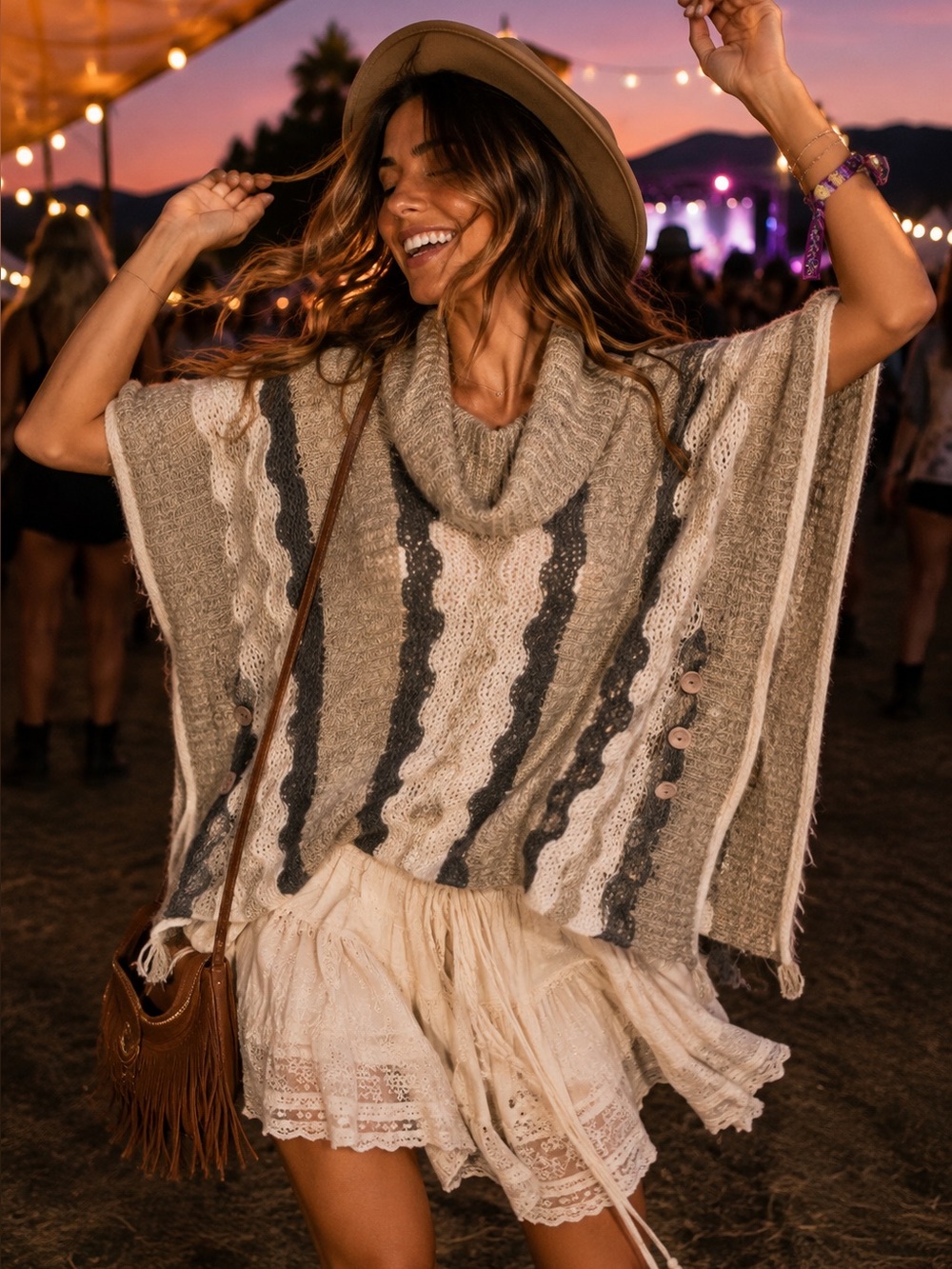 KEREN HART Boho Festival Oatmeal and Tan Cozy Wool Blend Cowl Neck Poncho, S/M - Picture 1 of 12